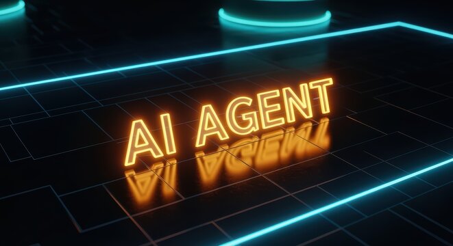 Futuristic Ai Agent Text in Glowing Neon Lights on Dark Technology Background