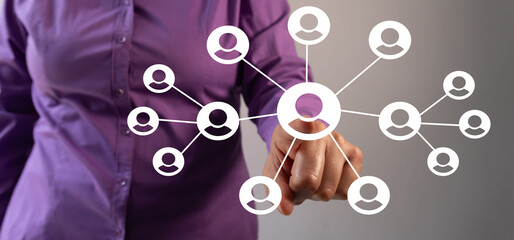 Poster - A business person touching social network connection icons on a virtual screen,