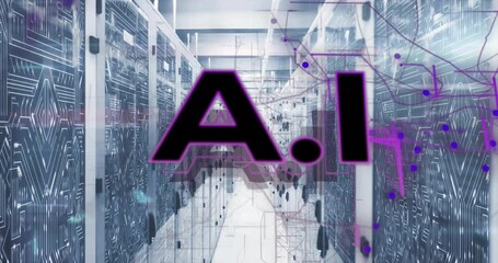 Poster - Animated 3D AI text fading into server corridor on startup, pulsing nodes visualizing network link