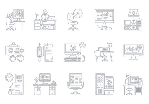 Grayline icons depict office business work and technology showcasing desk computer and schedule elements
