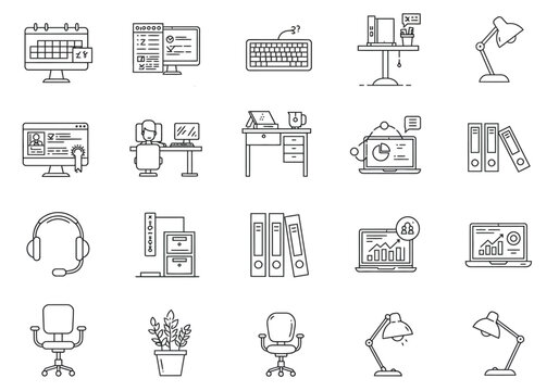 Line art depicts office icons monitors desks lamps headsets and organizers
