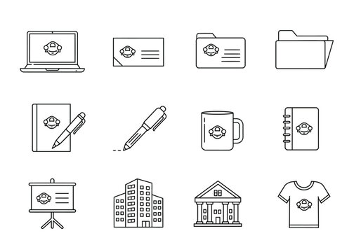 Line art icons laptop card pen mug building etc include a smiling robot