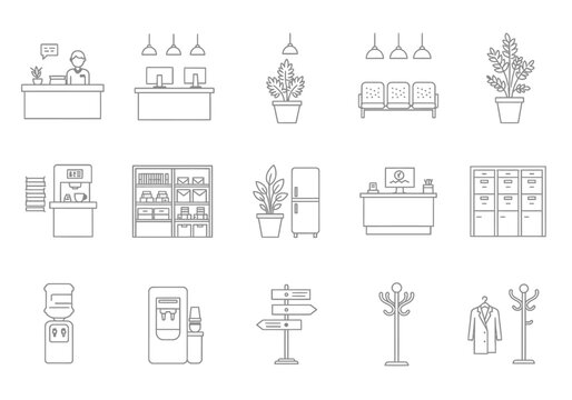 Office interior icons desks plants appliances  furniture are depicted as grey line drawings
