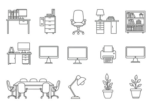 Outlined office furniture and equipment arranged on a white backdrop