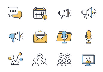 Fototapete - Twelve communication icons arranged in rows displaying various forms of interpersonal exchange and technology