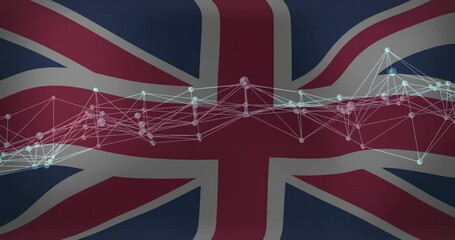 Aufkleber - Opening Union Jack flag starting network forming, nodes pulsing reconfiguring dynamic connectivity