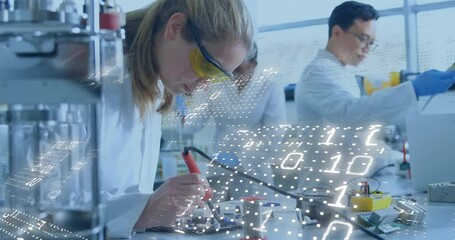 Aufkleber - Woman applying solder on circuit in lab as binary data streaming while colleague adjusting meters