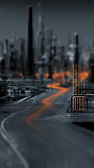 Aufkleber - Orange data streams flow on a futuristic circuit board, resembling a winding road leading towards a towering cityscape, creating a visual representation of urban data connectivity