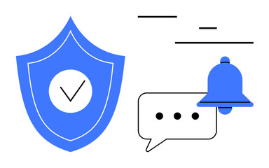 Poster - Shield with checkmark, bell icon, and chat bubble illustrating secure notifications. Ideal for cybersecurity, messaging systems, communication, alerts, privacy, mobile apps and simple landing page