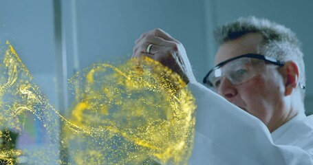 Poster - Senior scientist in lab coat examining vial while golden glow forming swirling vortex for reaction