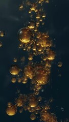 Poster - Luminous golden molecular structures breaking bonds, separating, and transforming into floating bubbles cascading against dark background, representing dynamic scientific process