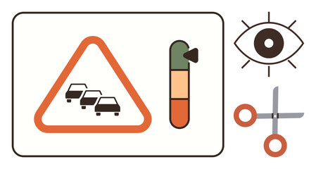 Poster - Warning triangle with cars, congestion level bar, eye icon, and scissors symbol. Ideal for traffic management, safety awareness, monitoring, alert systems simplicity visual data minimalism. Clear