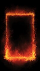 Poster - Fire frame burning brightly, creating dynamic square border on black background with seamless animation and alpha channel transparency, showcasing intense flame movement