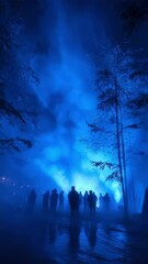 Wall Mural - shadowy figures traversing misty woodland, bathed in ethereal blue illumination, evoking haunting dr
