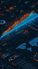 Aufkleber - Complex digital interface showcasing global business data analysis with increasing trends, featuring interactive charts, graphs, and a world map visualization in a dark themed environment