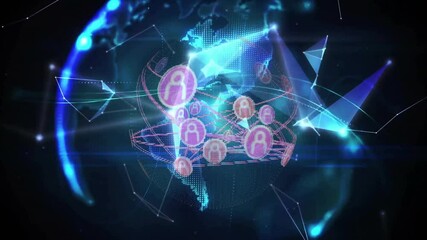 Poster - Floating pink user icons fading in forming network 3D wireframe globe showing data connectivity