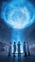 Poster - Five scientists in white coats are observing a large, glowing plasma ball suspended above a circular opening, seemingly studying an otherworldly energy source in a high tech laboratory