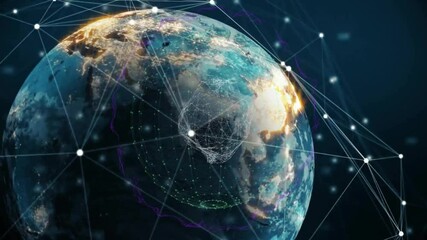 Poster - At launch 3D globe activating network formation, rotating while pulsing nodes, visualizing data