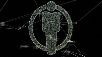 Poster - Network forming sparking particles assembling human icon in ring rotating, charts showing data