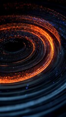 Poster - Glowing orange and blue particles rotating dynamically around intense black hole center, generating mesmerizing cosmic energy visualization against deep dark space background