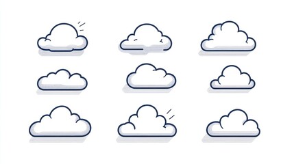 Poster - Nine cartoon clouds with blue outlines and shadows on a white background