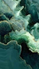 Poster - Green and gold abstract paint flows smoothly, creating a mesmerizing visual experience with its swirling patterns and elegant metallic accents