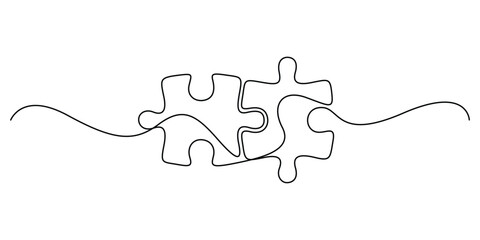 Poster - Puzzle in one continuous line drawing. Jigsaw with two piece is teamwork concept in simple linear style. Business and team symbol. Doodle vector illustration