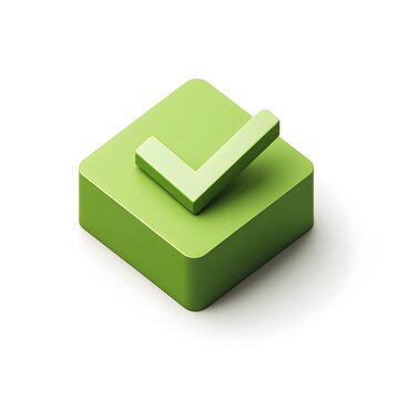 A green checkmark set in a rounded square with a claymation texture, rendered in isometric view over a white background without shadows or lighting.

