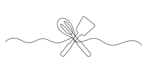 Poster - Continuous one line drawing of kitchen spatula design. kitchen equipment in one continuous line draw vector illustration
