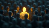 A glowing golden person is seen among a crowd of gray figures, illustrating the power of being different and the beauty of diverse perspectives.

