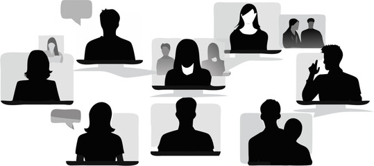 Poster - Virtual meeting featuring silhouette figures on screens with speech bubbles in monochrome style design