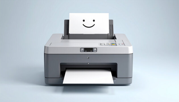 A printer with a paper displaying a smiley face, conveying a positive printing experience.