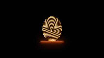 Neon finger print animation on black background. glowing fingerprint scanning icon motion. biometric scanner for identification 4k video footage. Abstract fingerprint design.