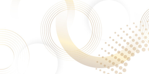 Poster - Abstract white background with golden circle ring. Spiral sound wave rhythm line and dots dynamic abstract background, Vector illustration design for presentation, banner, cover, poster, texture Etc.