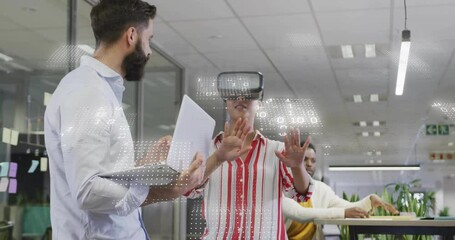 Poster - After man typing laptop commands, woman using VR headset manipulating data hologram for tech demo