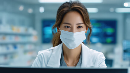 Poster - Professional female doctor in a lab coat wearing a mask while working on a computer in a modern medical facility with charts in the background