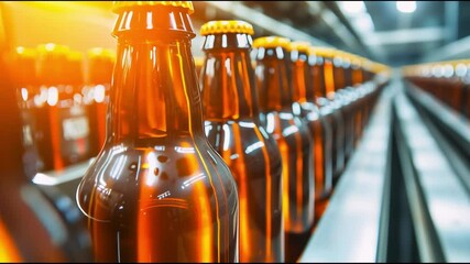 Poster - Close-Up View of Glass Bottles on Production Line in Beverage Factory with Bright Lighting Highlighting Their Freshness and Design