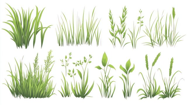 A set of digitally rendered, vibrant green grass and plant illustrations on white