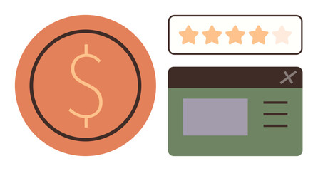 Poster - Dollar coin with rating bar and user interface window highlighting financial services, e-commerce, user feedback, quality assessment, customer experience, digital interface, simple flat metaphor