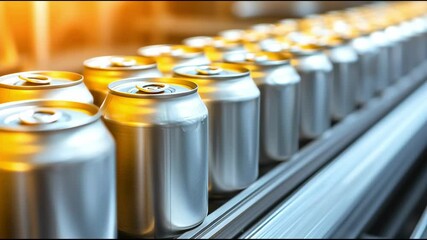 Poster - Modern industrial production line showcasing aluminum beverage cans glistening under bright light in a factory setting