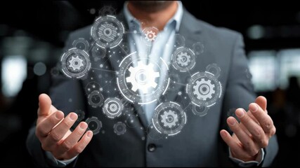 Poster - Person holding a virtual tool representing ai sme growth engine icon concept in robotic support for small businesses. AI-Powered Growth Engine for SMEs – Animated Video Version