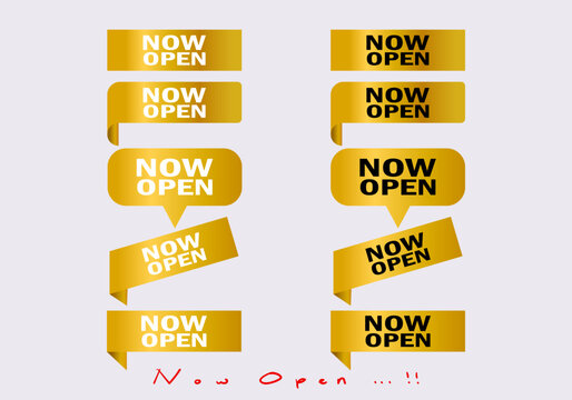 Now open tag, price tag sticker with offer message. Promotion new business icon symbol sign label badge element set design.