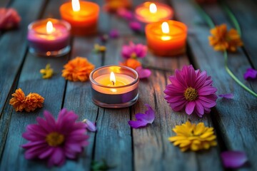 Poster - Vibrant flowers and lit candles on rustic wooden surface create a warm atmosphere for relaxation, Lit candles with vibrant flowers on rustic wooden surface, cozy ambiance
