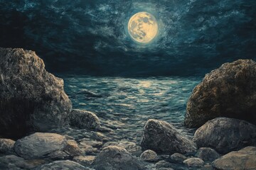 Poster - Moonlight shimmers on underwater rocks in a serene coastal setting at night, Moonlight Shimmers On Rocks Underwater