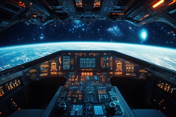 Poster - Spaceship cockpit offers expansive view of a vibrant galaxy with distant stars and planets, Spaceship cockpit with expansive view of galaxy and high tech control panels Space travel concept