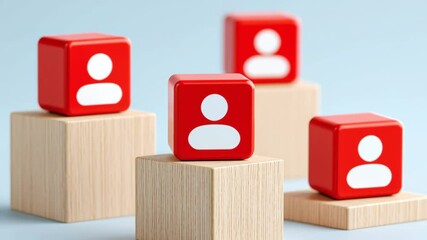 Poster - New market access. Red cubes with white person icons on wooden blocks symbolize social connection and teamwork in calm soft blue background setting