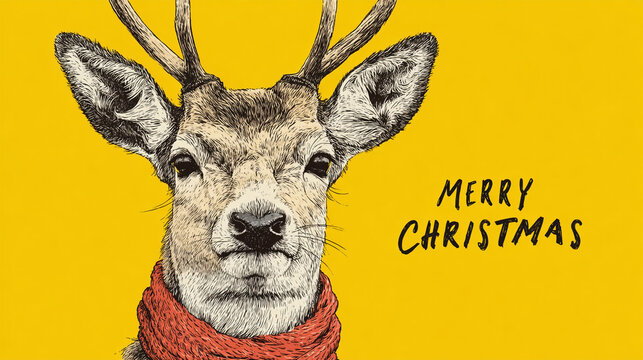 A deer with a red scarf on a yellow background with the words merry christmas written on it