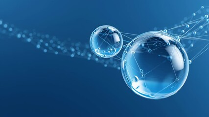 Poster - Green hydrogen infrastructure. Transparent blue abstract spheres connected by digital network lines, symbolizing innovative technology and seamless connection modern digital sphere