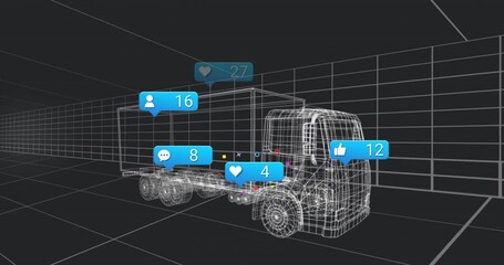 Poster - Wireframe grid forming, semi-truck fading in, icons materializing, counts rising showing engagement