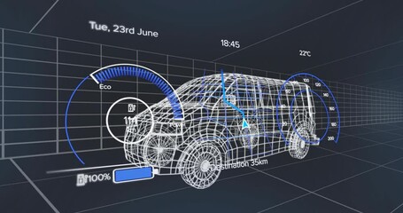 Poster - At 18:45 wireframe SUV HUD showing battery gauge rising then falling illustrating power cycle